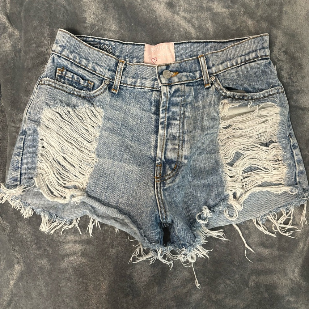 REVICE Denim Blue Frayed Jean Shorts